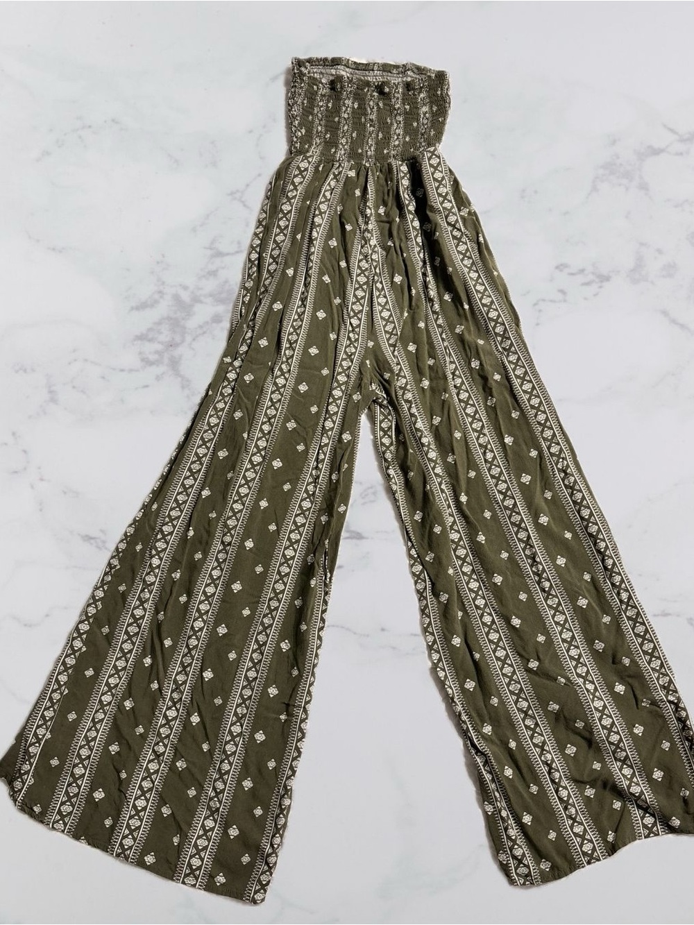 Faded Rose Olive Green Boho Strapless Wide Leg Jumpsuit XS